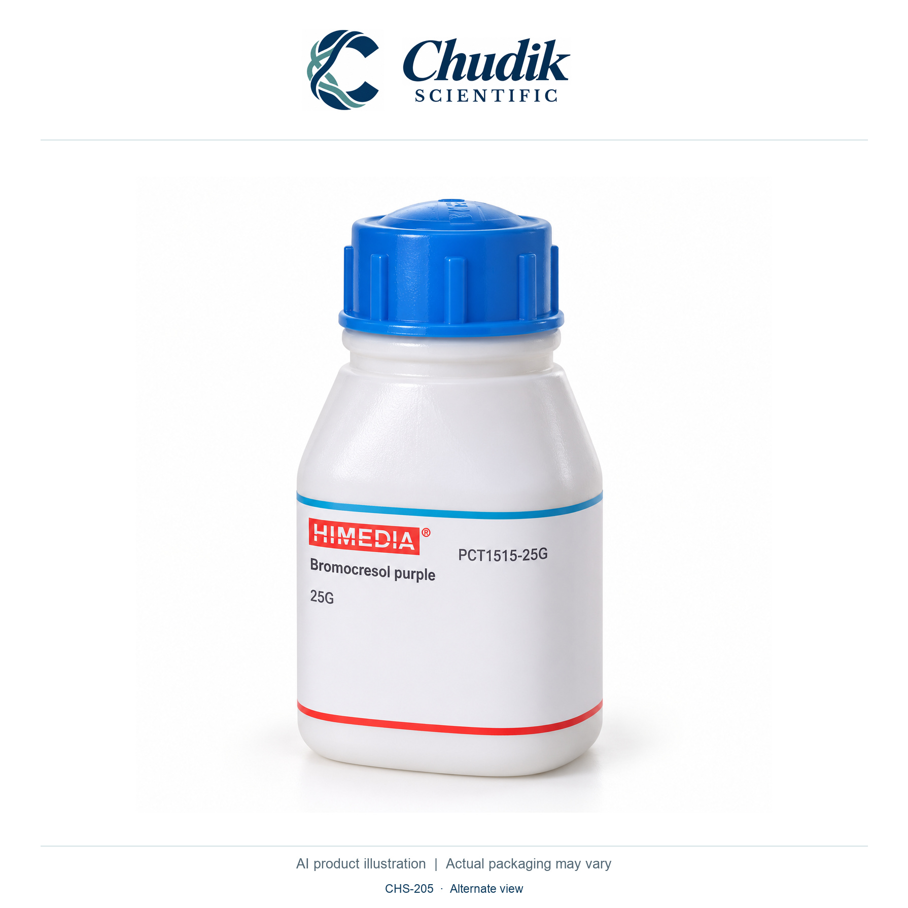 Bromocresol purple, 25 g — alternate view, Chudik Scientific catalog illustration