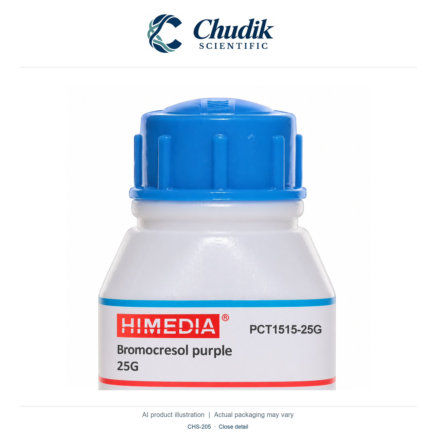 Bromocresol purple, 25 g — close detail, Chudik Scientific catalog illustration