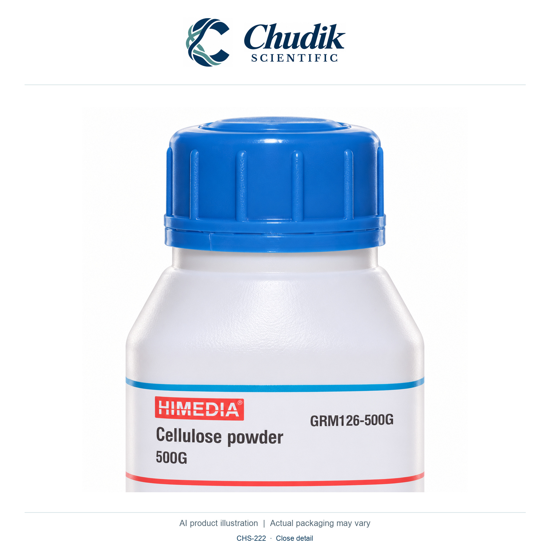 Cellulose powdered, 500 g — close detail, Chudik Scientific catalog illustration