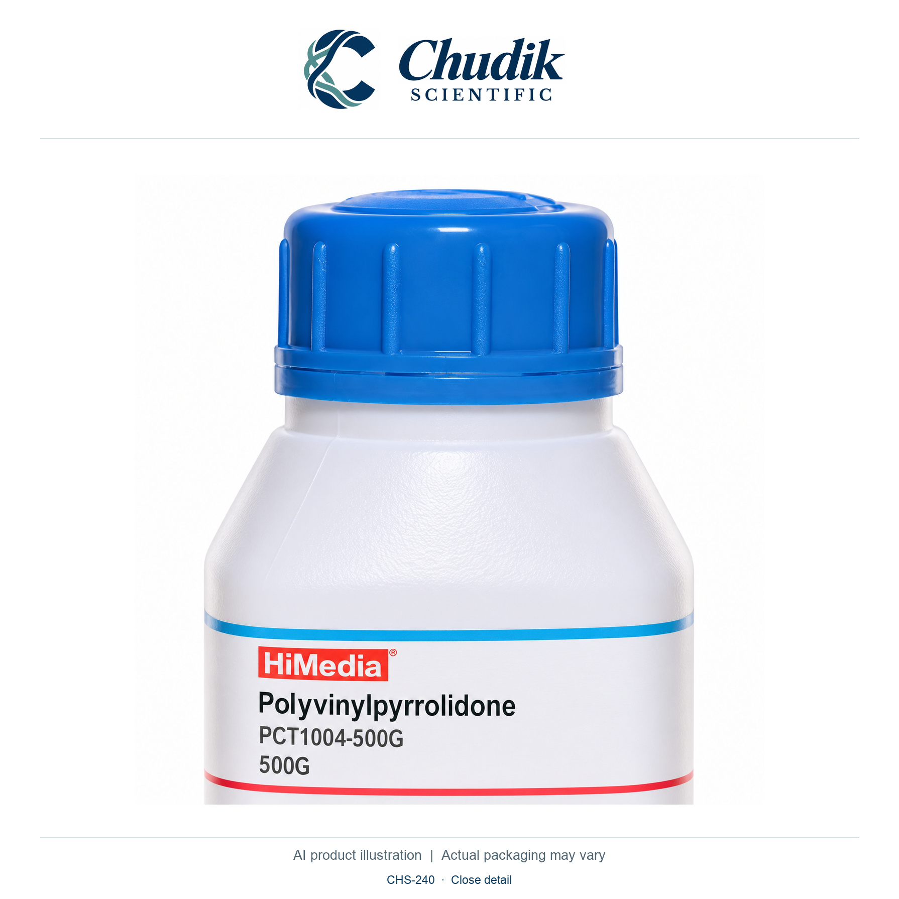 Polyvinylpyrrolidone, PVP 10, 500 g — close detail, Chudik Scientific catalog illustration