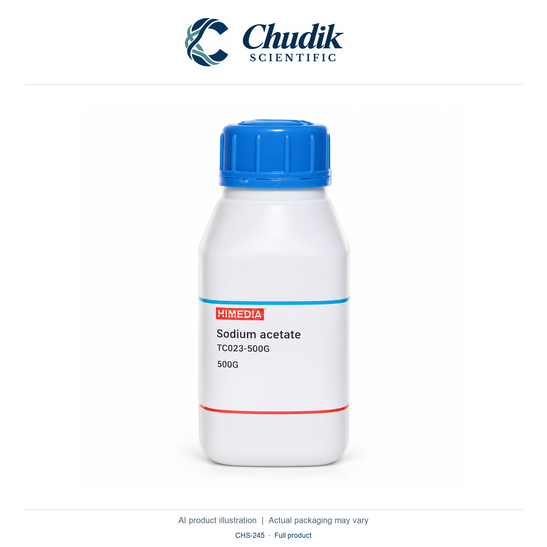 Sodium acetate anhydrous, 500 g — full product, Chudik Scientific catalog illustration