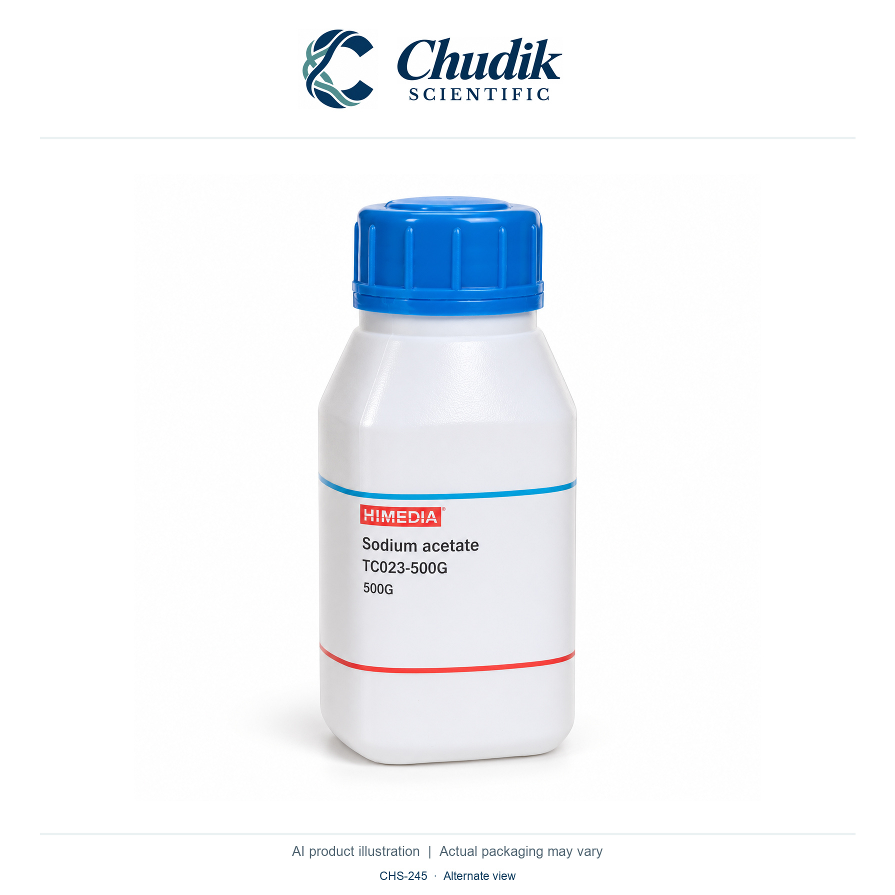 Sodium acetate anhydrous, 500 g — alternate view, Chudik Scientific catalog illustration