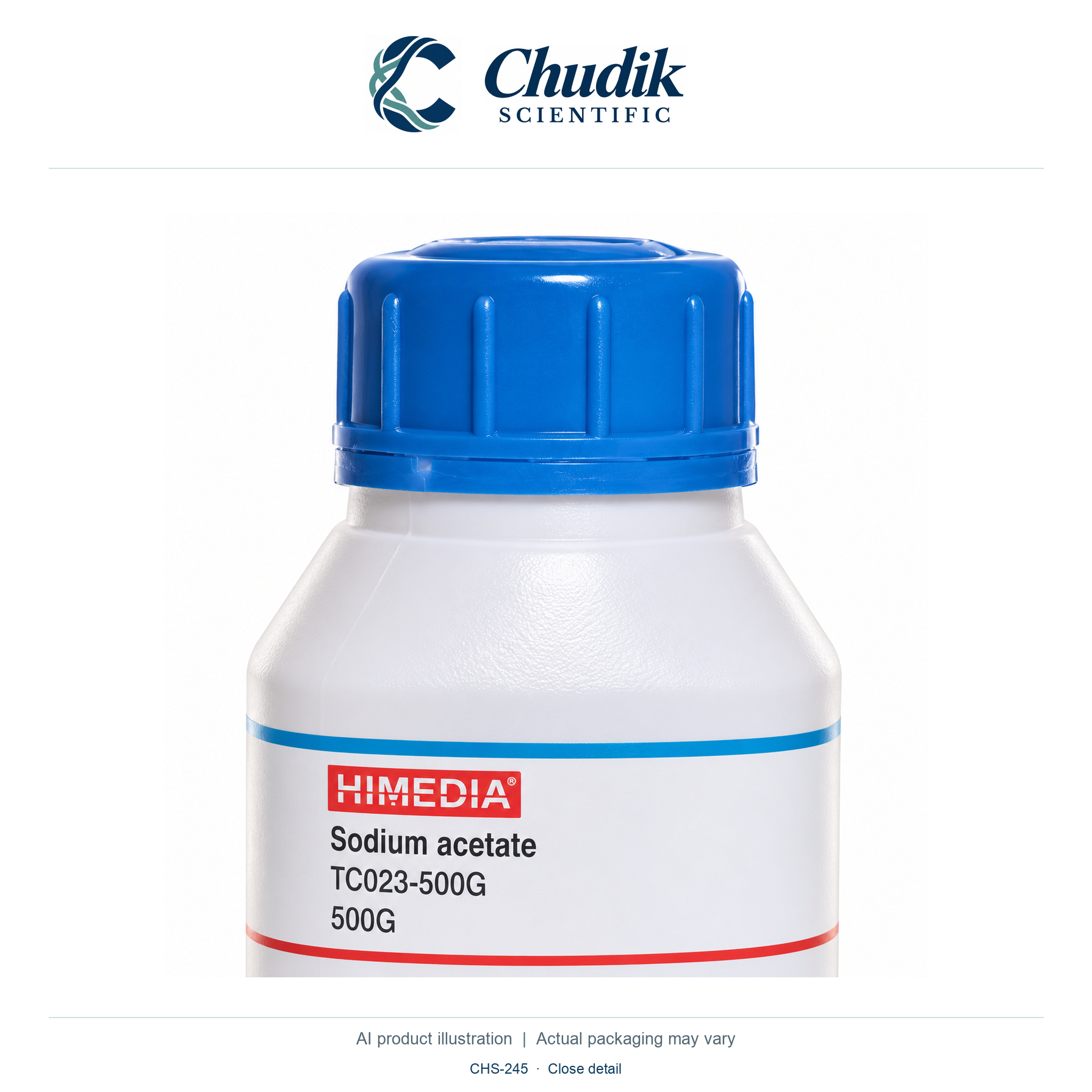 Sodium acetate anhydrous, 500 g — close detail, Chudik Scientific catalog illustration