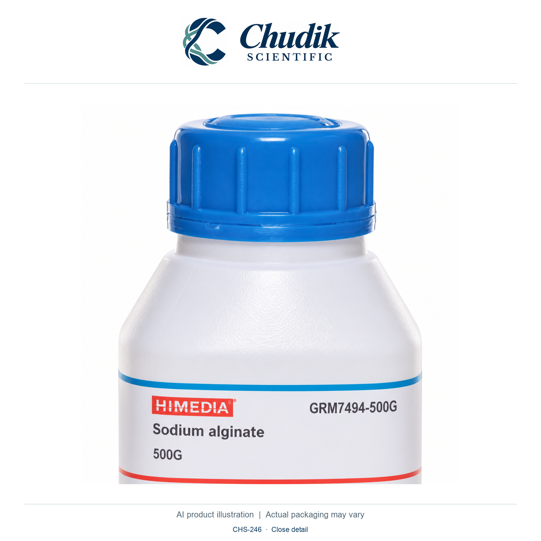 Sodium alginate, 500 g — close detail, Chudik Scientific catalog illustration