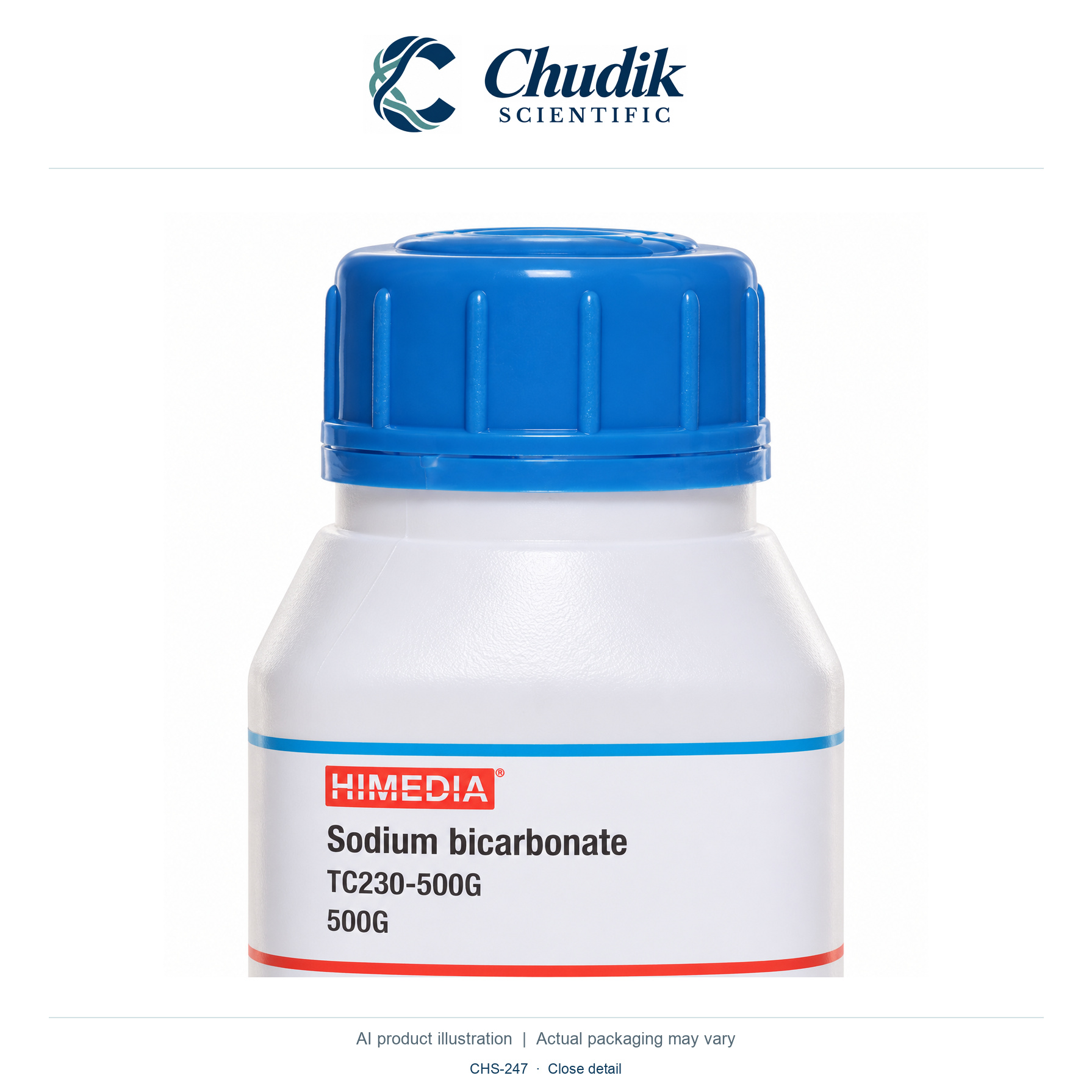 Sodium bicarbonate, 500 g — close detail, Chudik Scientific catalog illustration