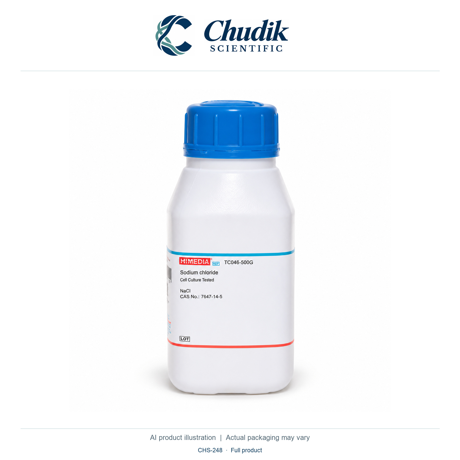 Sodium chloride, Cell-culture tested, 500 g — full product, Chudik Scientific catalog illustration