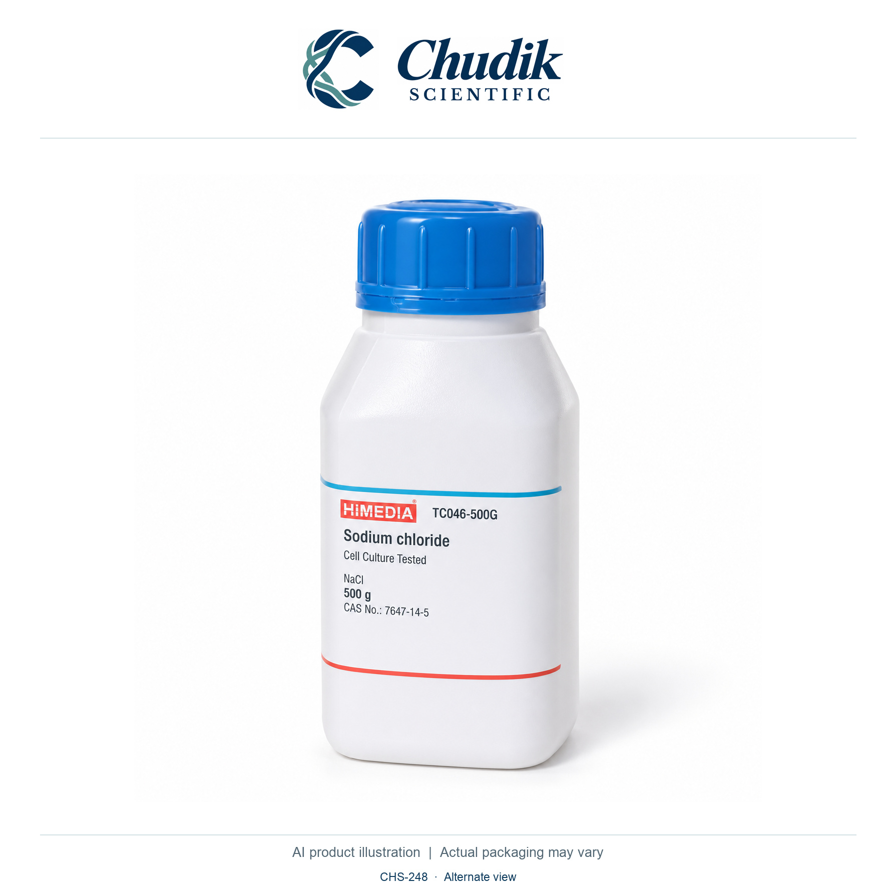 Sodium chloride, Cell-culture tested, 500 g — alternate view, Chudik Scientific catalog illustration