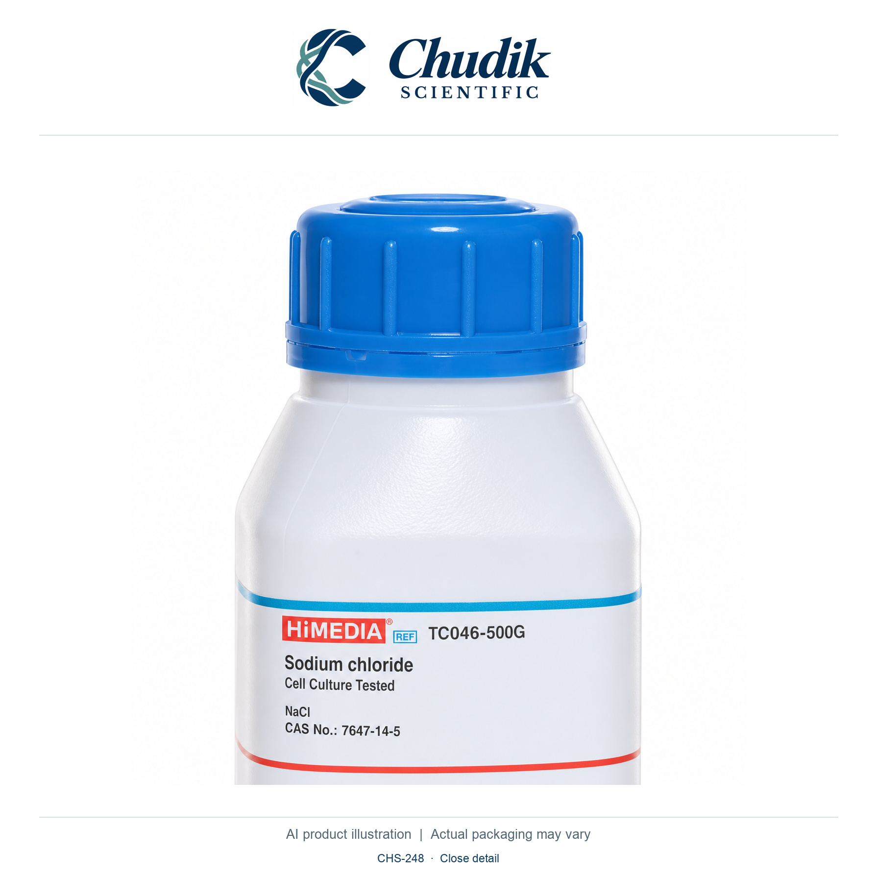 Sodium chloride, Cell-culture tested, 500 g — close detail, Chudik Scientific catalog illustration