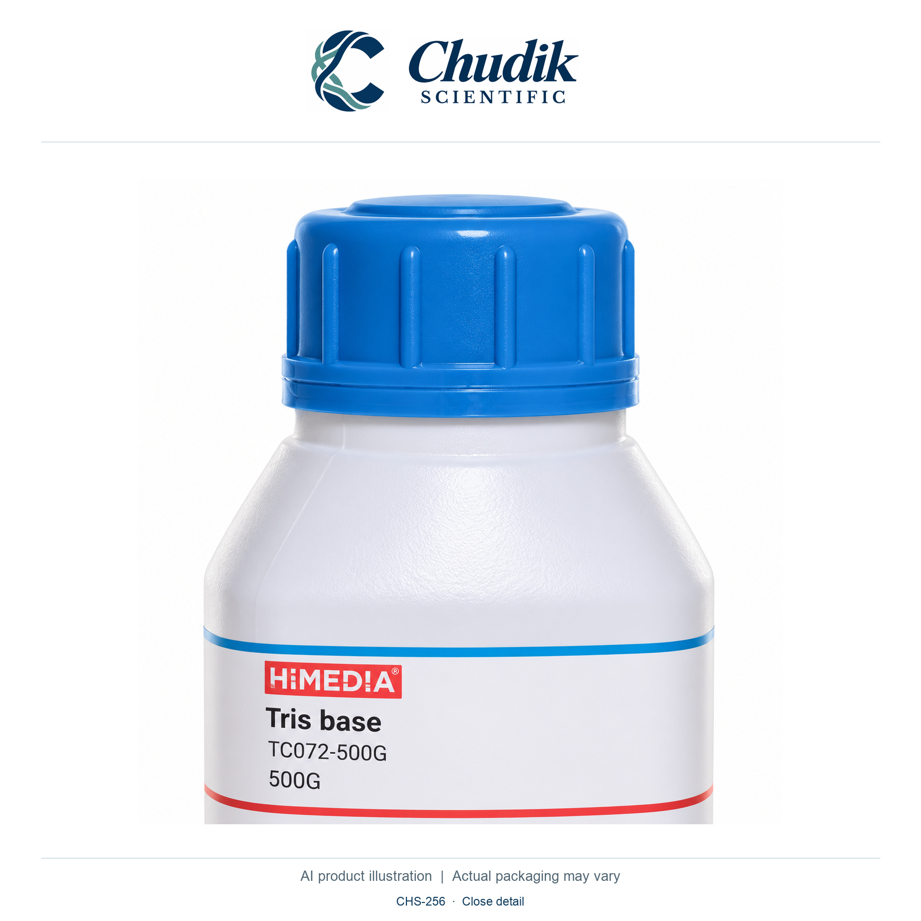 Tris base, 500 g — close detail, Chudik Scientific catalog illustration